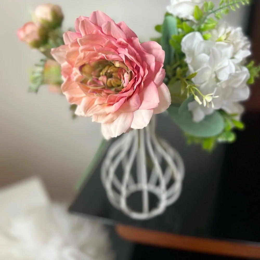 White metal vase Elegant Pink and White Floral Arrangement